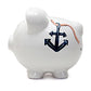 White piggy bank with an anchor design on a white background