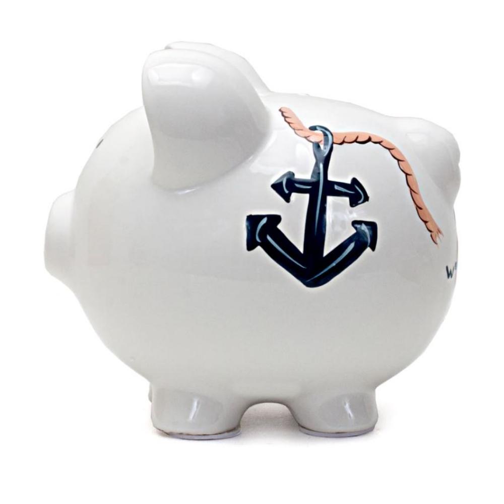 White piggy bank with an anchor design on a white background