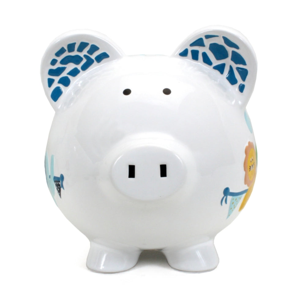 White piggy bank with colorful blue patterns on a white background