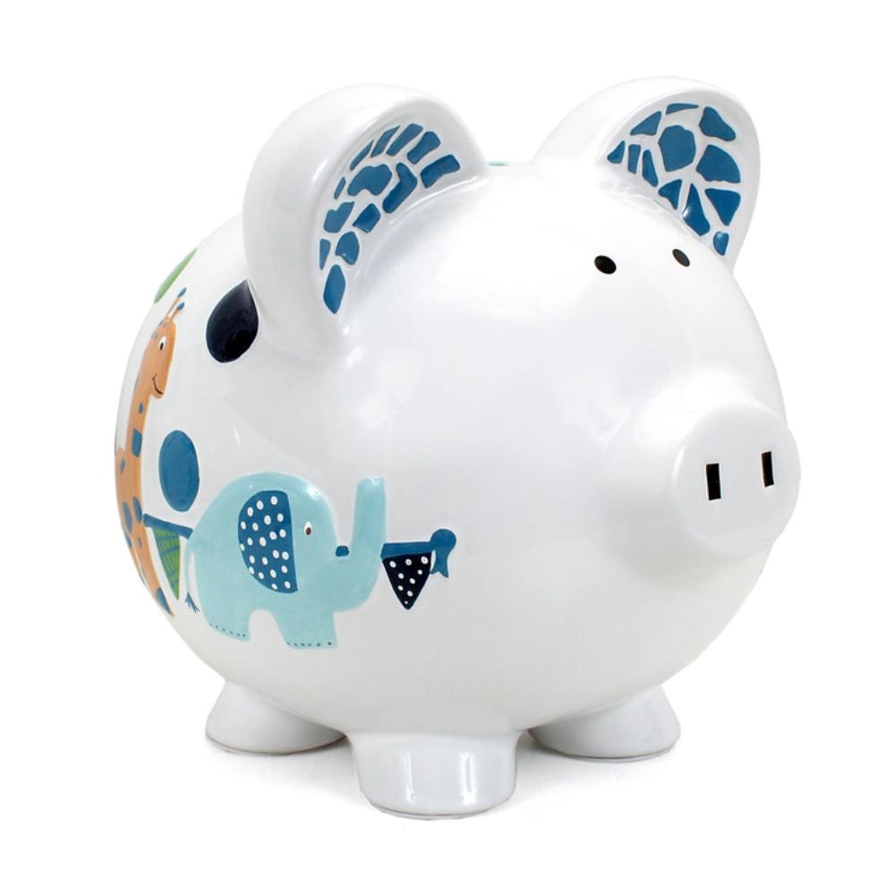 White piggy bank with blue elephant design on a white background