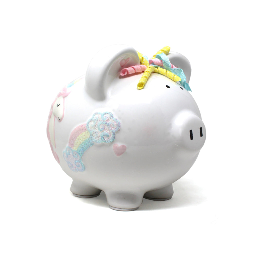 White piggy bank with colorful unicorn design on a white background