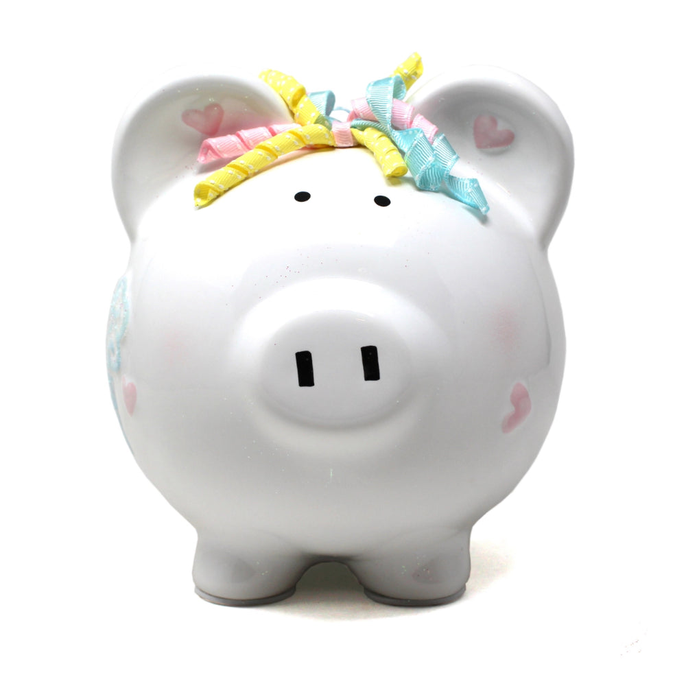 Front facing view of Unicorn and Rainbows piggy bank. 