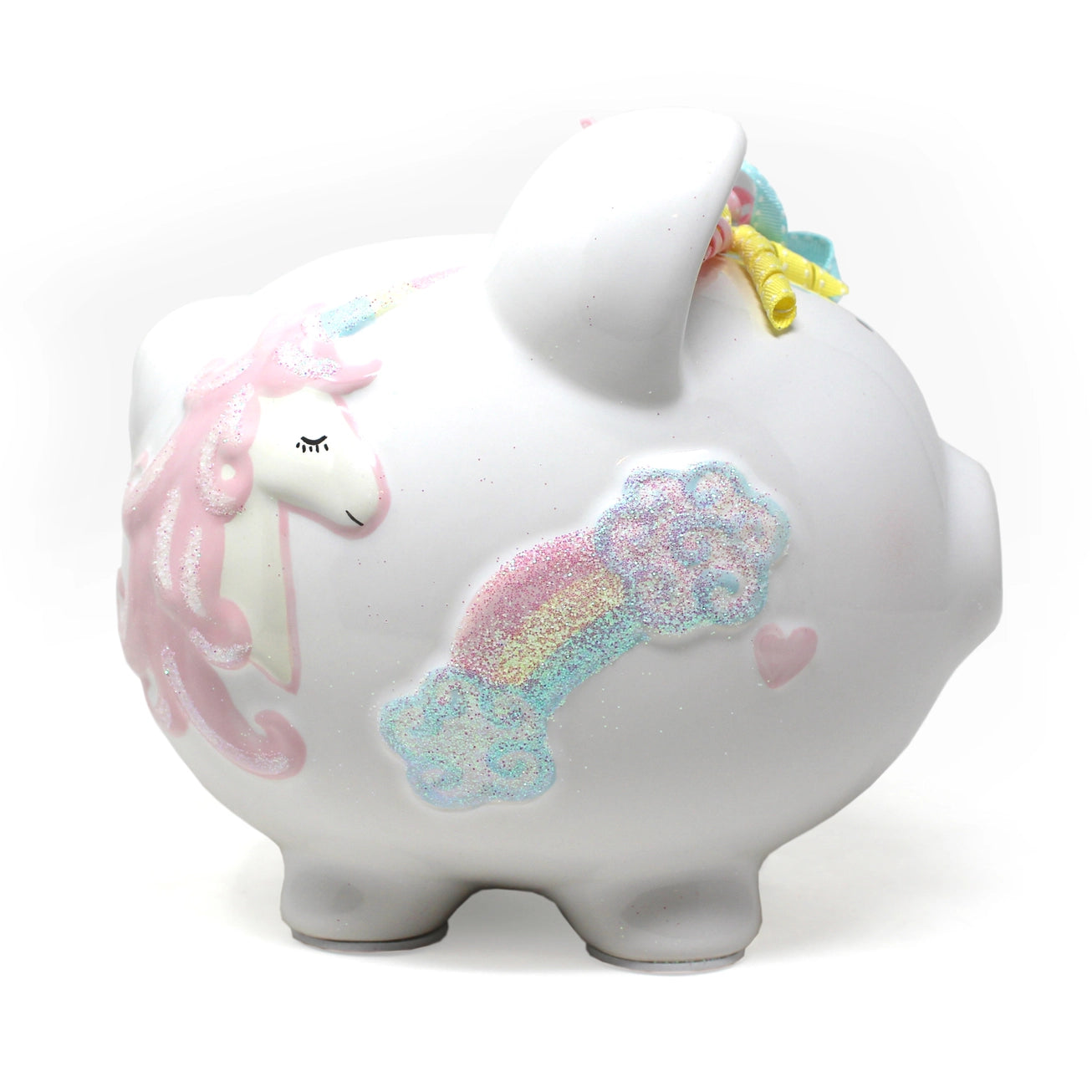 Unicorn-themed piggy bank with pastel colors on a white background