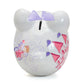 Top photo of a white piggy bank with a pink fairy design and pink castle and purple bow on a white background