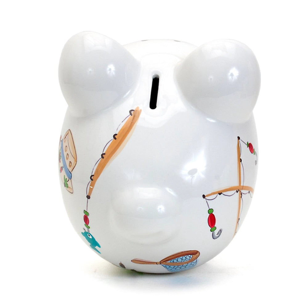 A top view of a piggy bank with fishing equipment and designs around it. 