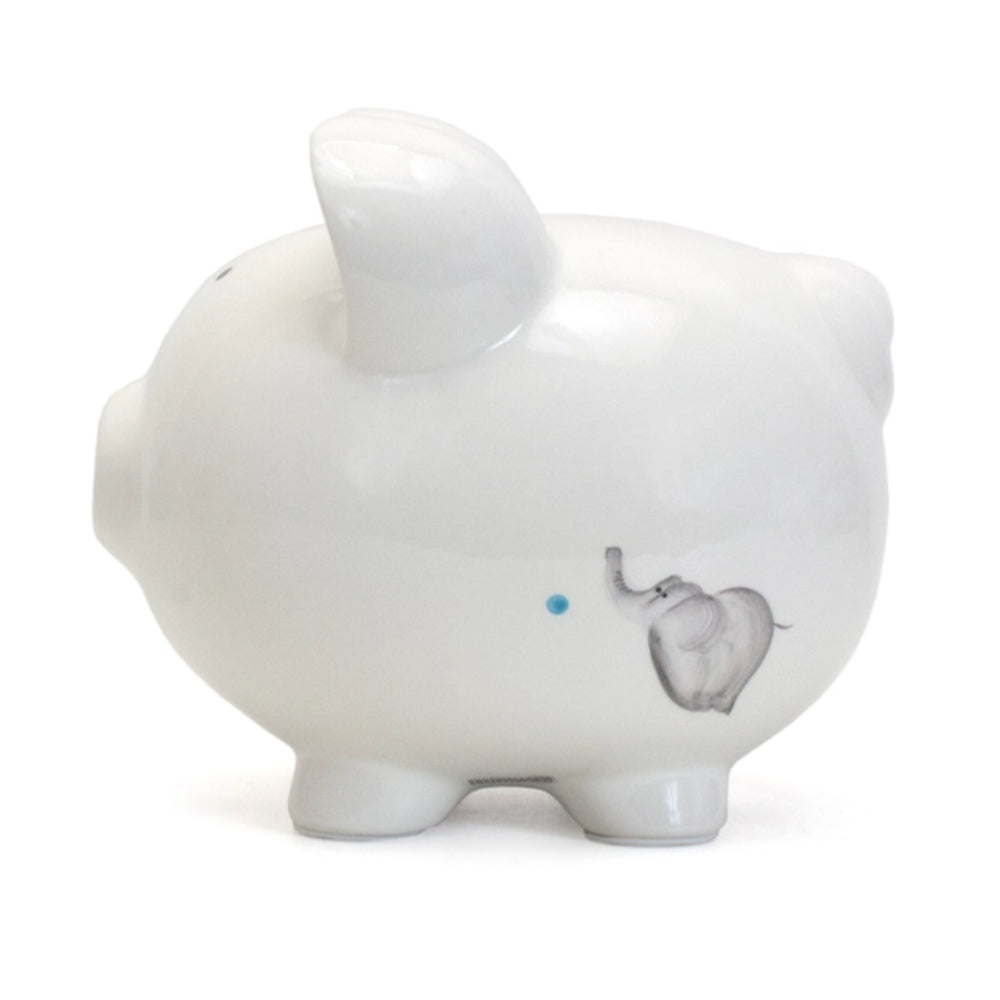 White piggy bank with elephant design on white background.