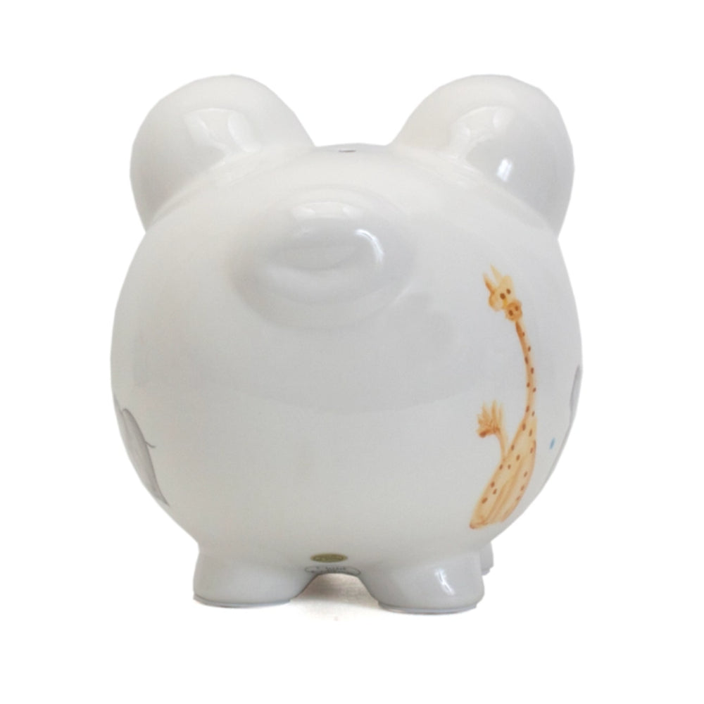 White piggy bank with giraffe design on white background. 