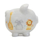 White piggy bank with giraffe, elephant, and lion designs on white background. 