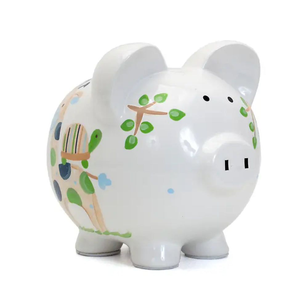 White piggy bank with colorful designs on a white background