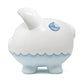 White ceramic piggy bank with blue accents and a sailboat design on a white background