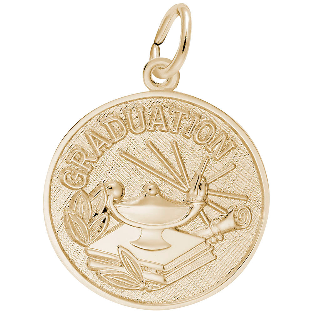 Gold graduation-themed charm on a white background