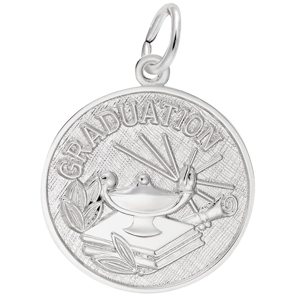 Silver graduation-themed charm on a white background