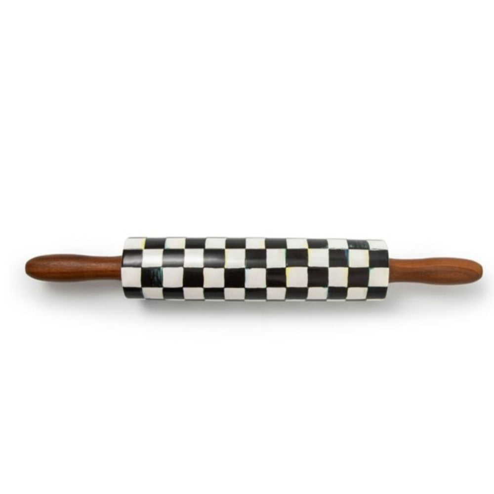 Checkered rolling pin with wooden handles on a white background