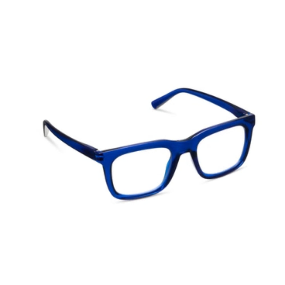 A pair of blue lasso reading glasses on a white background. 