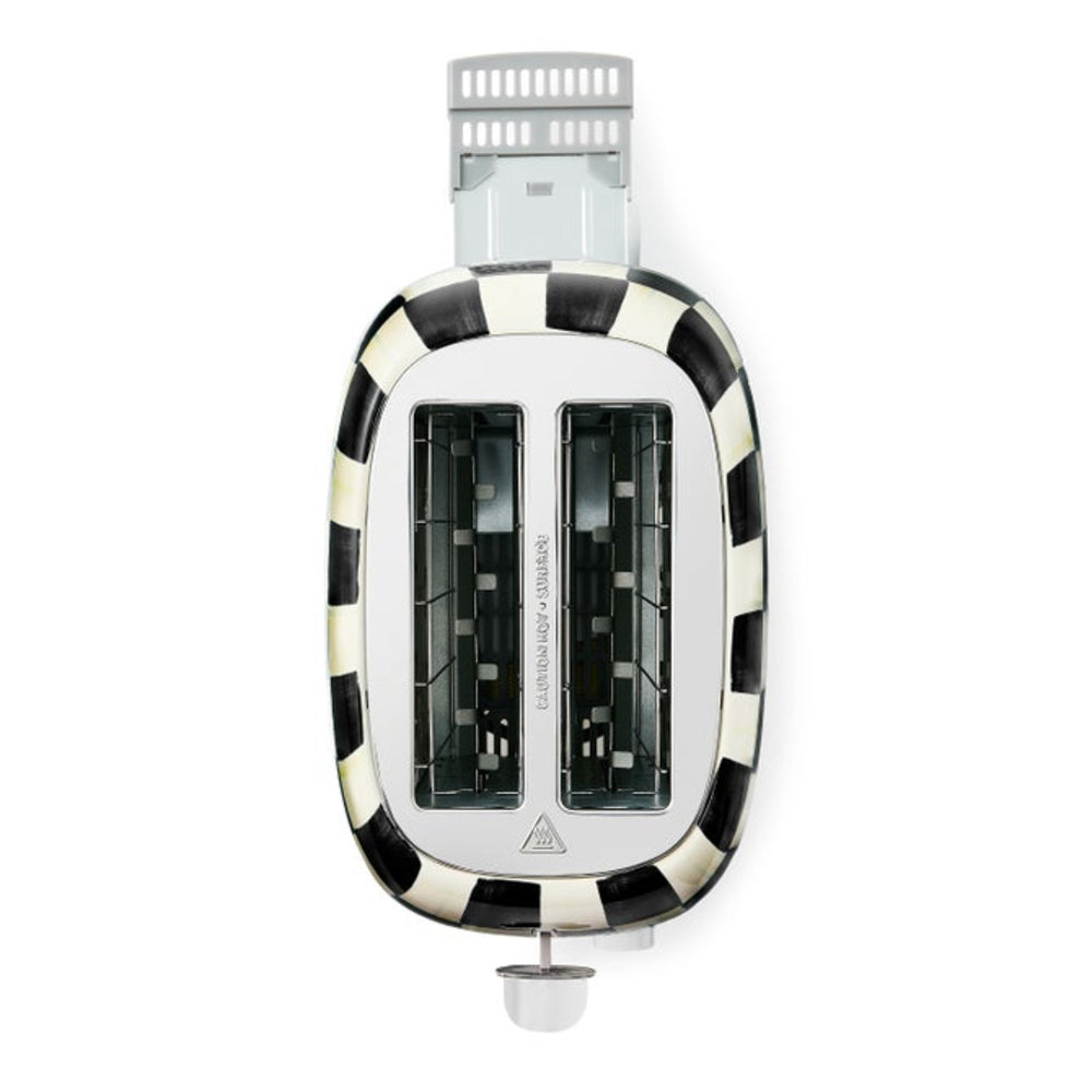 Black and white striped toaster on a white background