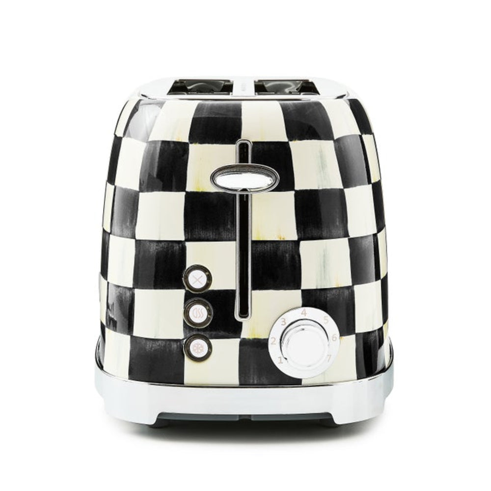 A two-slot toaster with a glossy black and off-white checkerboard pattern, featuring polished silver/chrome trim, a lever handle, and control buttons on the front, set against a plain white background.