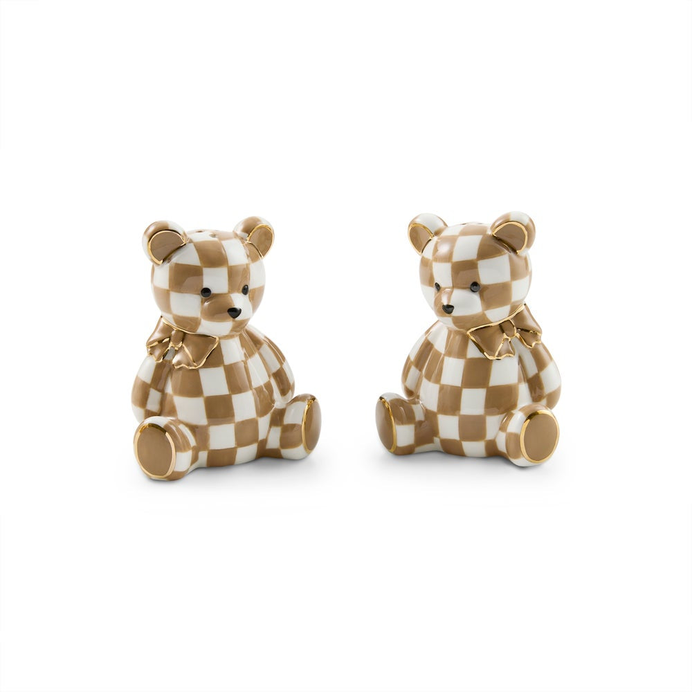 Two small teddy bear figurines with a brown and cream checkered pattern and gold-tone outlines, shown on a plain white background.