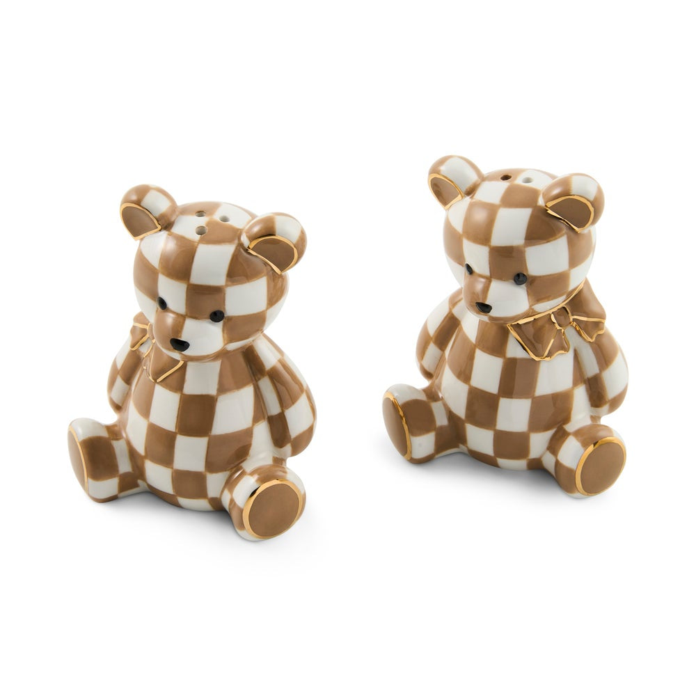 Two small teddy bear figurines with a brown and white checkered pattern and gold trim, shown on a plain white background.