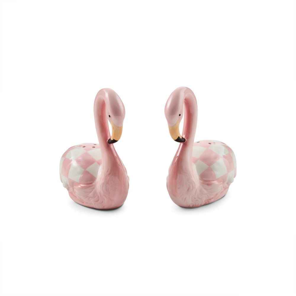 A pair of pink swan figurines with a pink and white checkered pattern on their bodies, set against a plain white background.
