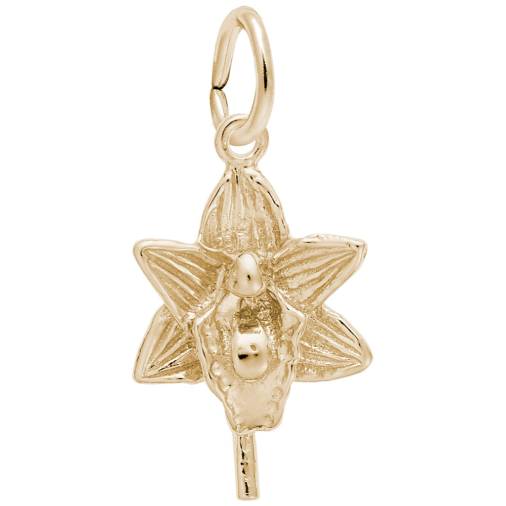 Gold orchid flower charm on a white background