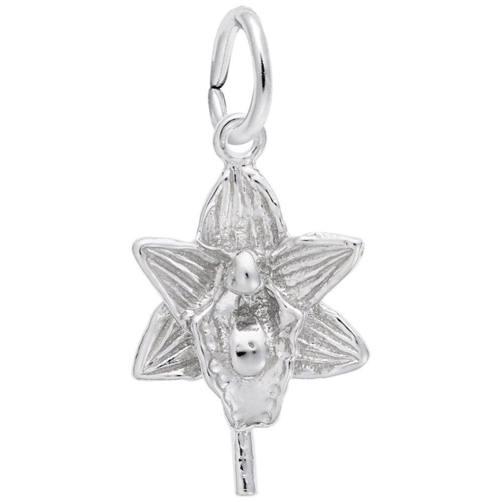 Silver flower-shaped pendant on a white background