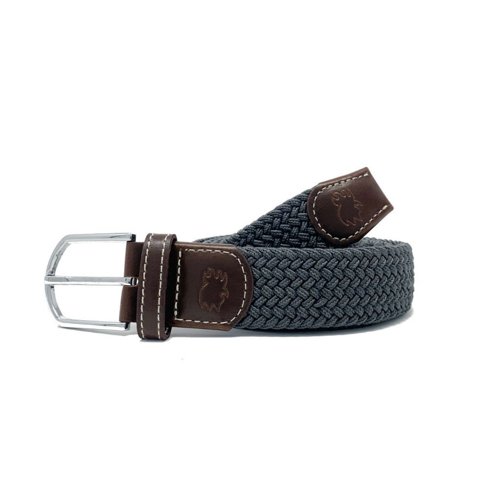 Gray braided belt with brown leather buckle on a white background