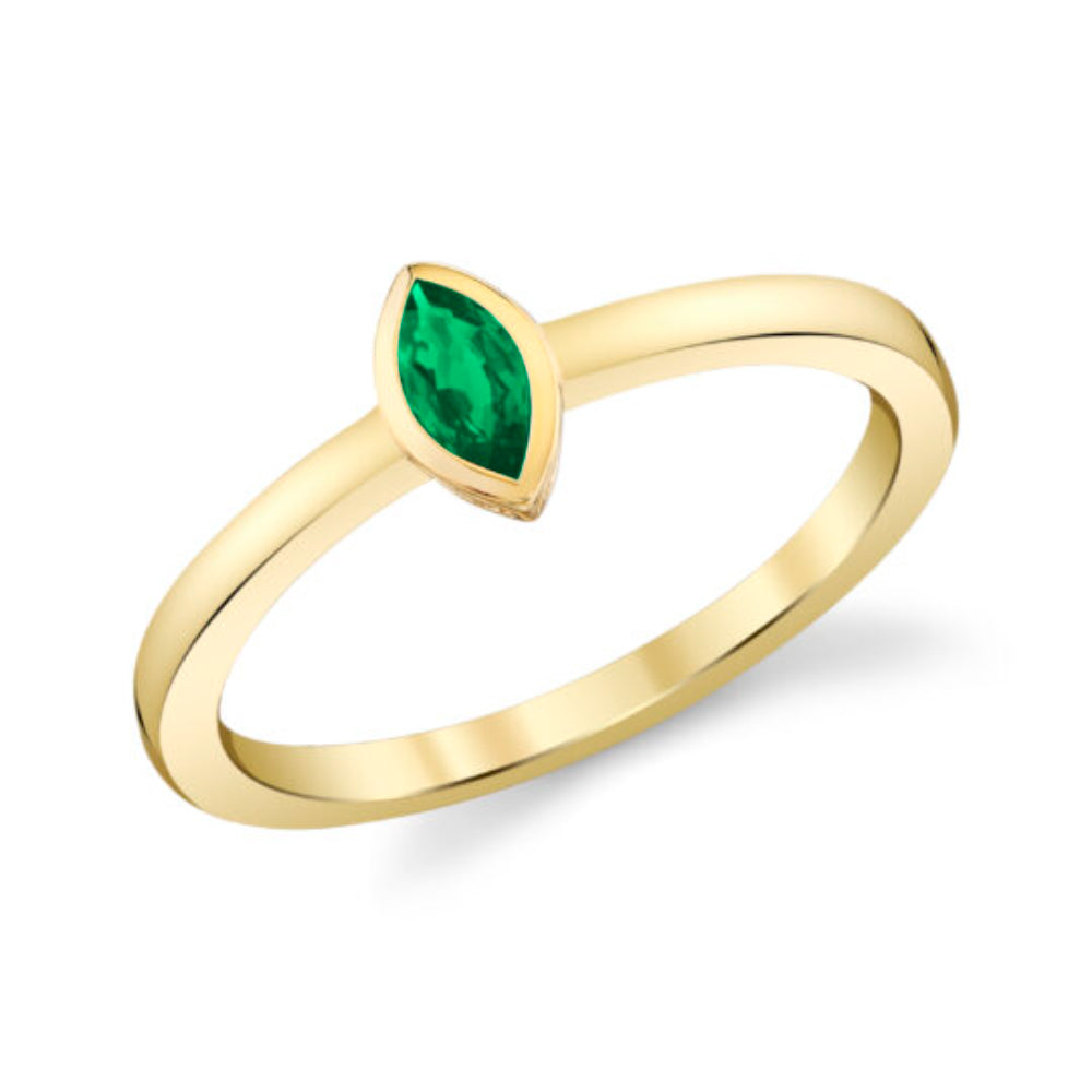 Yellow Gold Marquee Bezel Set Emerald  Ring Smooth Shank