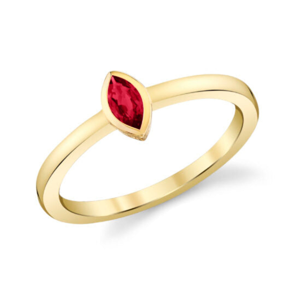 Yellow Gold Marquee Bezel Set Ruby Ring Smooth Shank