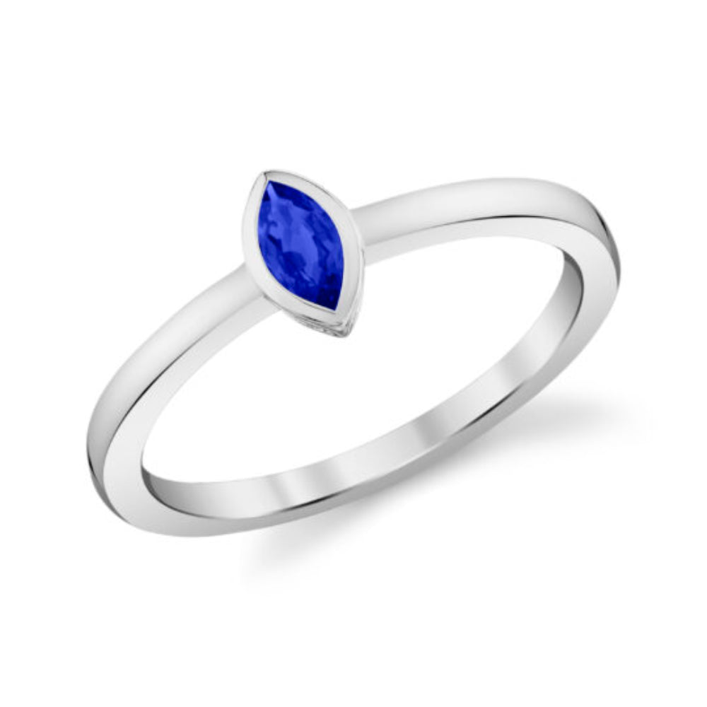 White gold Marque Bezel Set Blue Sapphire Ring Smooth Shank