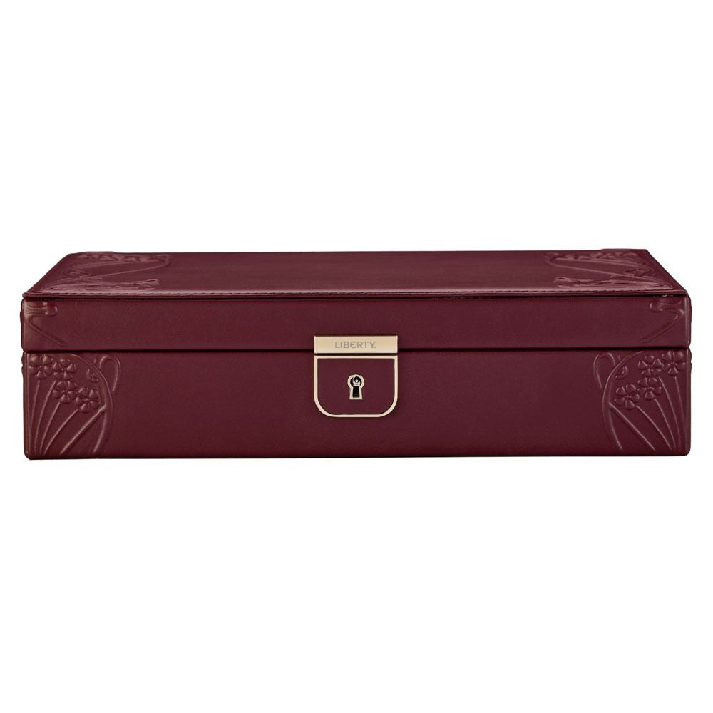 Maroon jewelry box with gold lock on a white background