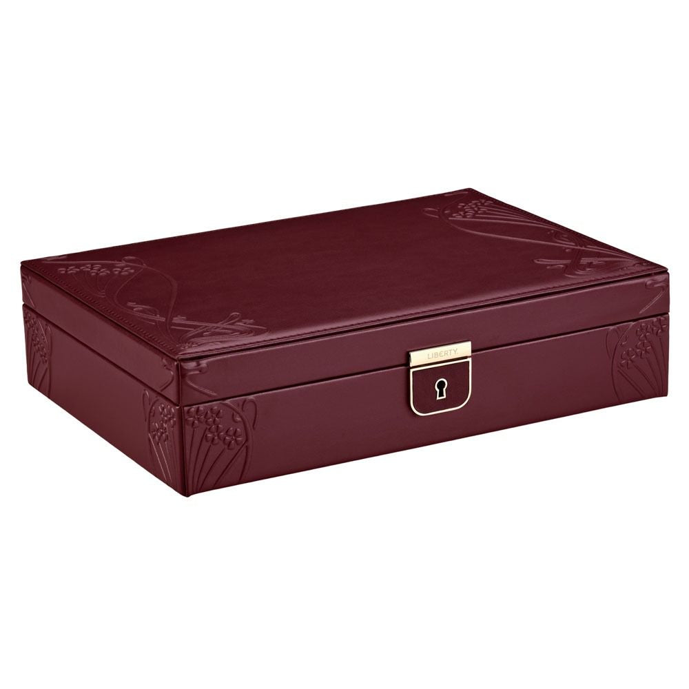 Maroon jewelry box with gold lock on a white background
