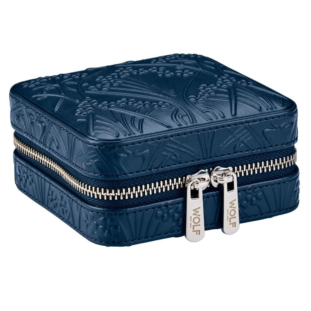 Blue embossed jewelry case with a silver zipper on a white background