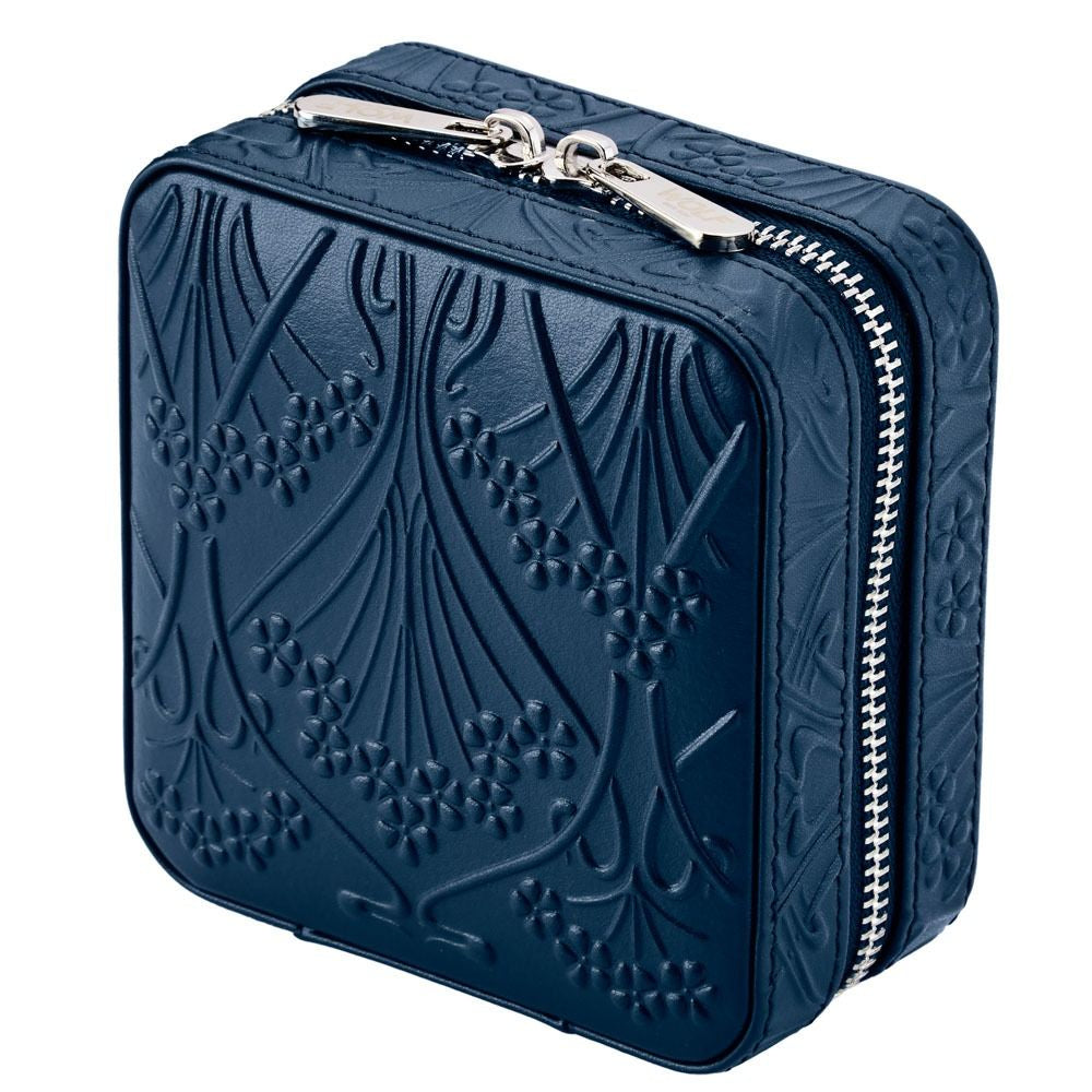 Blue embossed rectangular pouch with a silver zipper on a white background