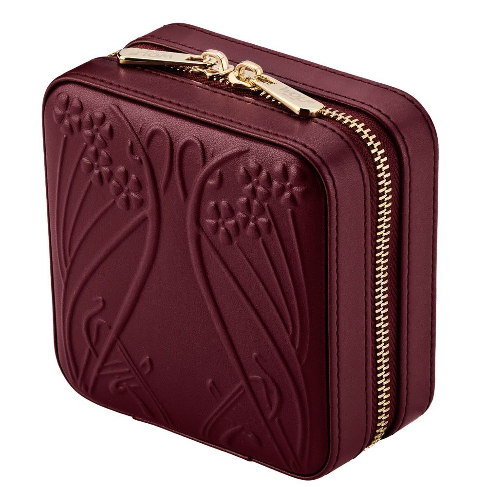 Maroon jewelry case with gold zipper on a white background