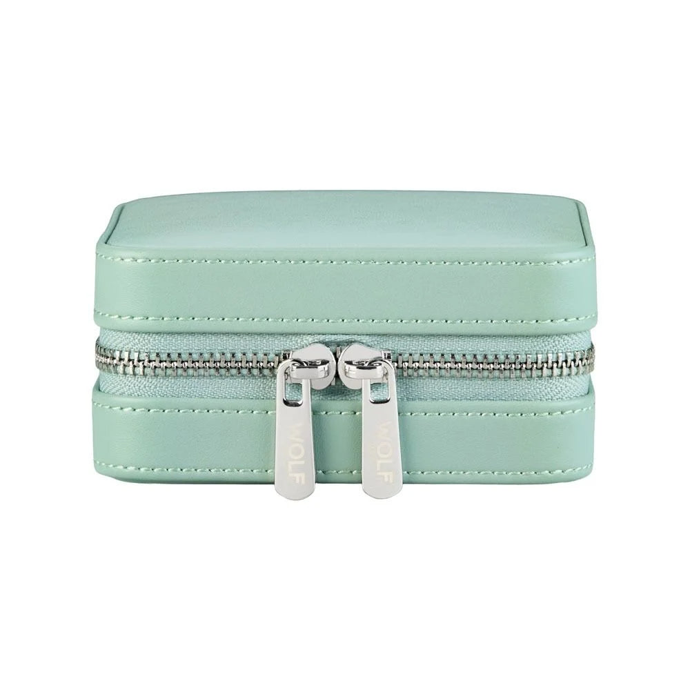 Mint green jewelry box with a silver zipper on a white background