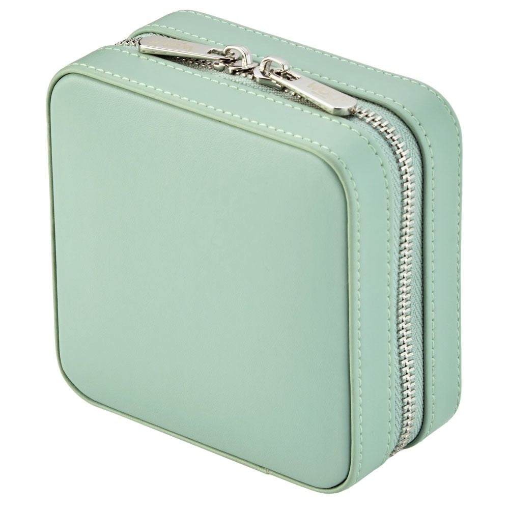 Mint green jewelry case with a silver zipper on a white background