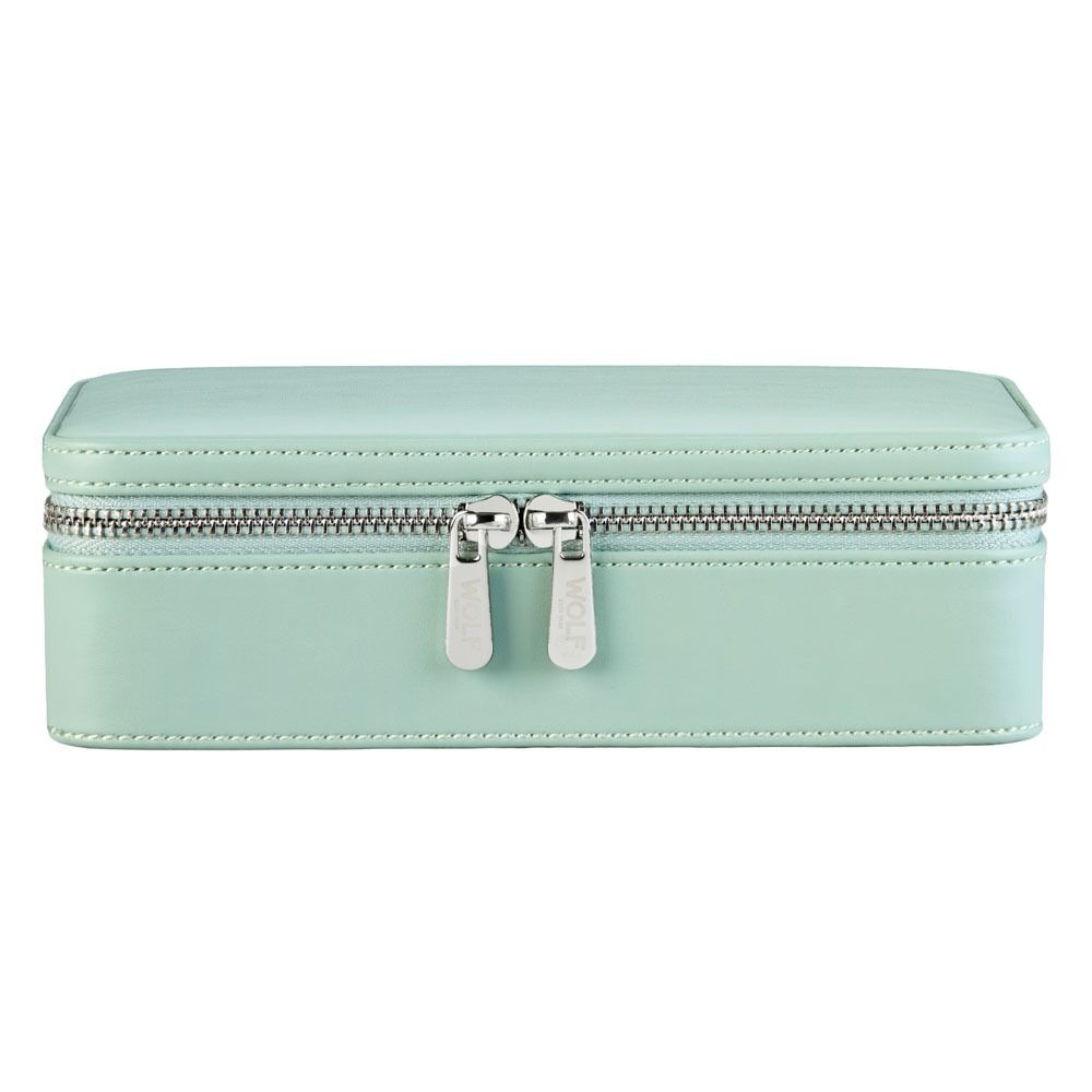 Light blue jewelry box with a silver zipper on a white background