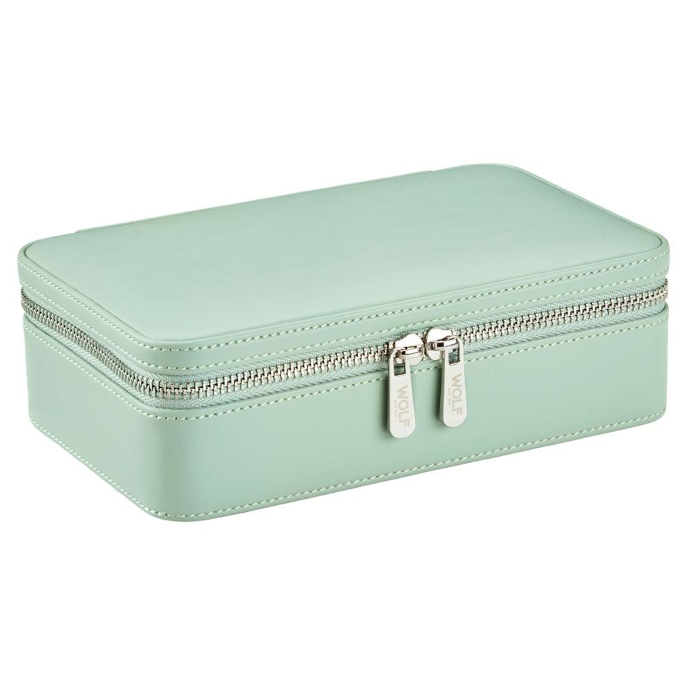 Mint green jewelry box with a silver zipper on a white background