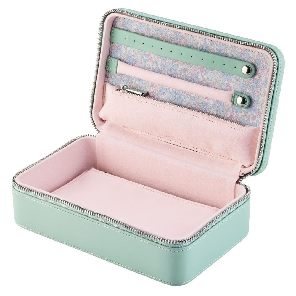 Light blue jewelry case with pink interior on a white background