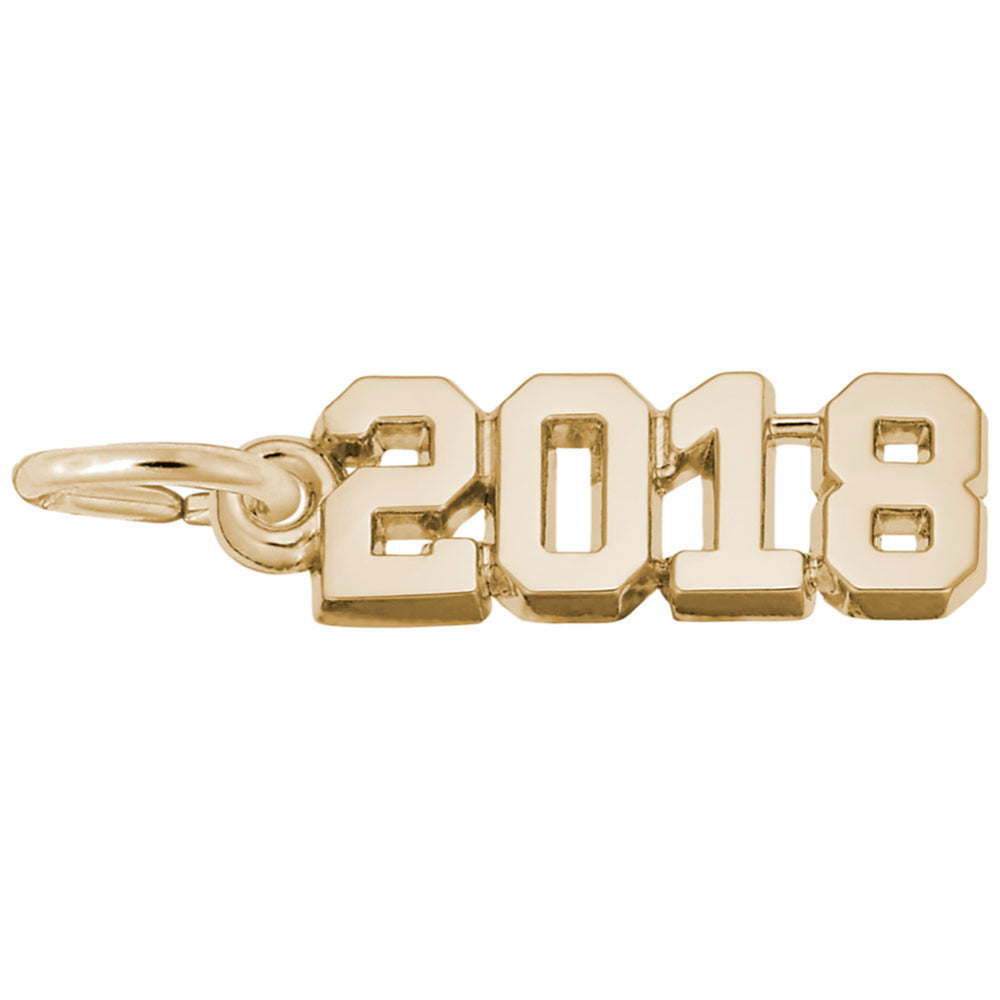 Gold '2018' charm on a white background