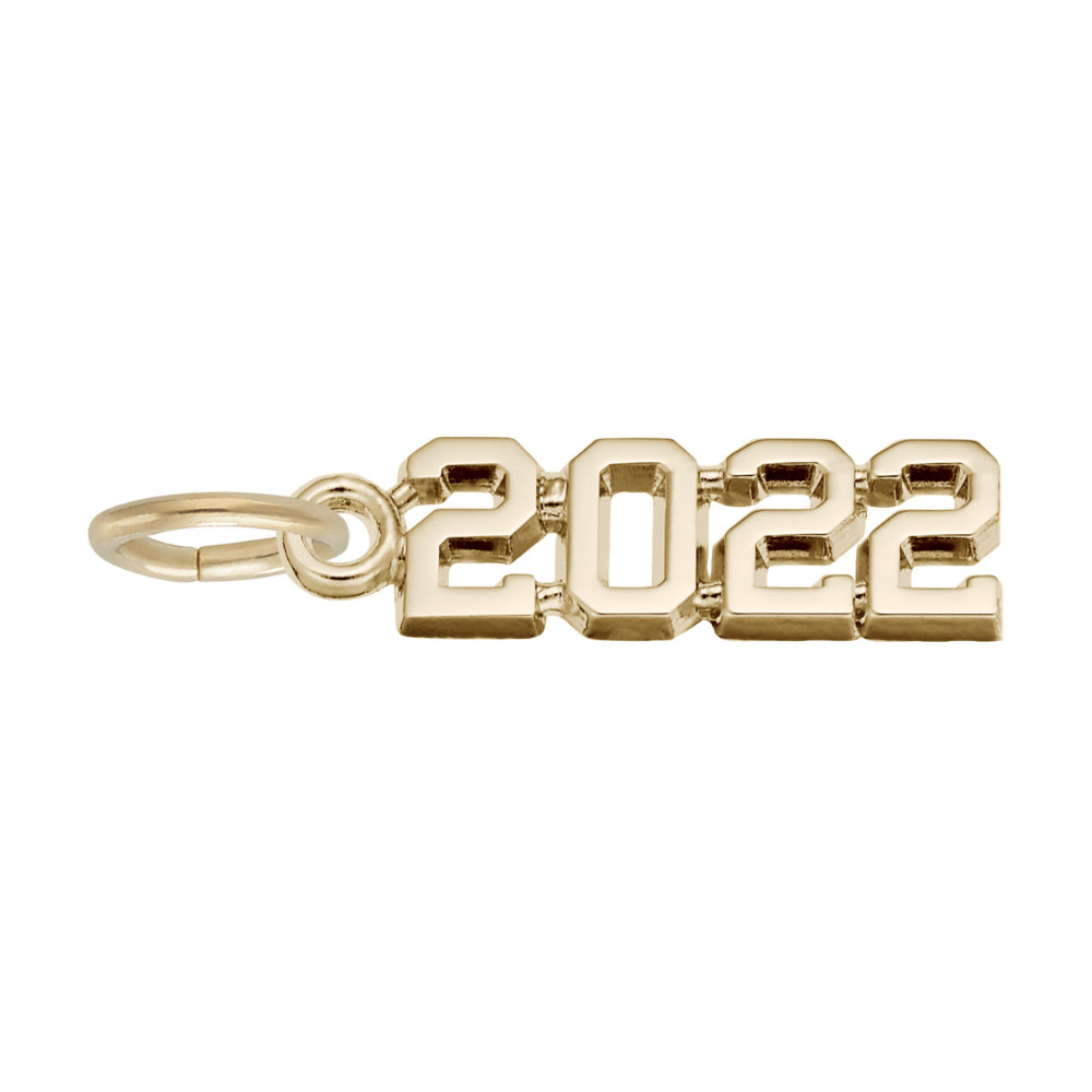 Gold '2022' charm on a white background