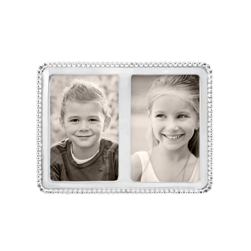 Silver beaded double photo 4x6 frame with two children's portraits on a white background.