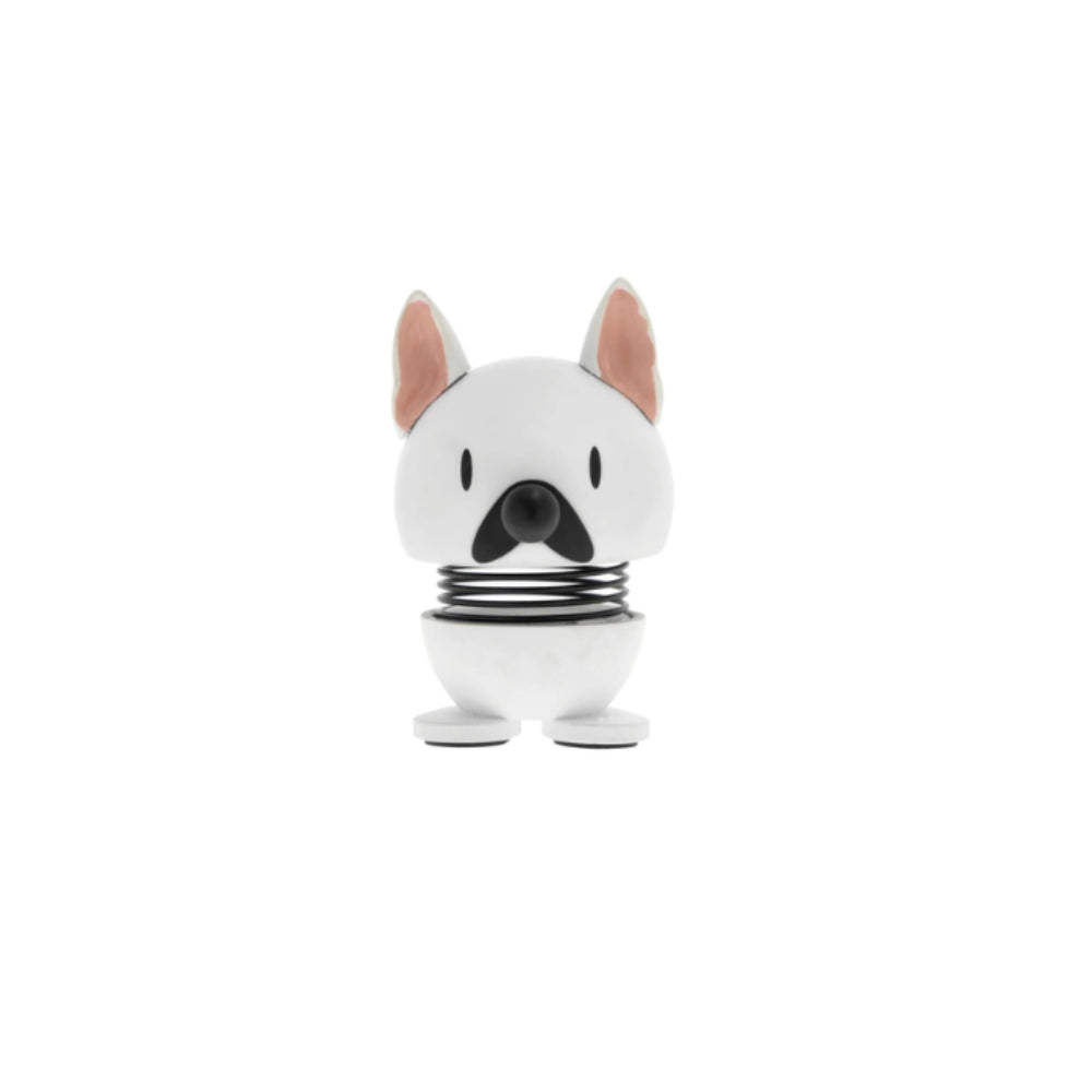 White french bulldog shaped figurine with a spring on a white background