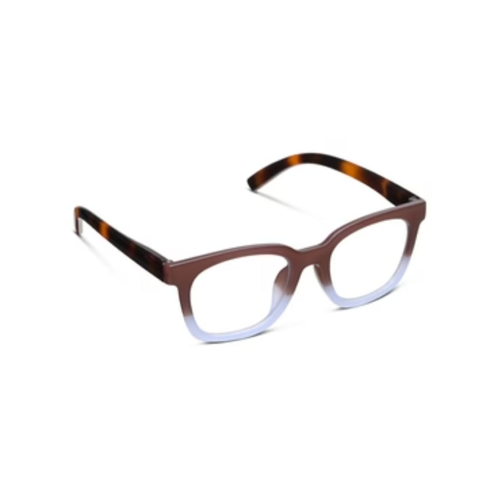 Peepers To The Max - Mocha/Blue reading glasses on white background. 