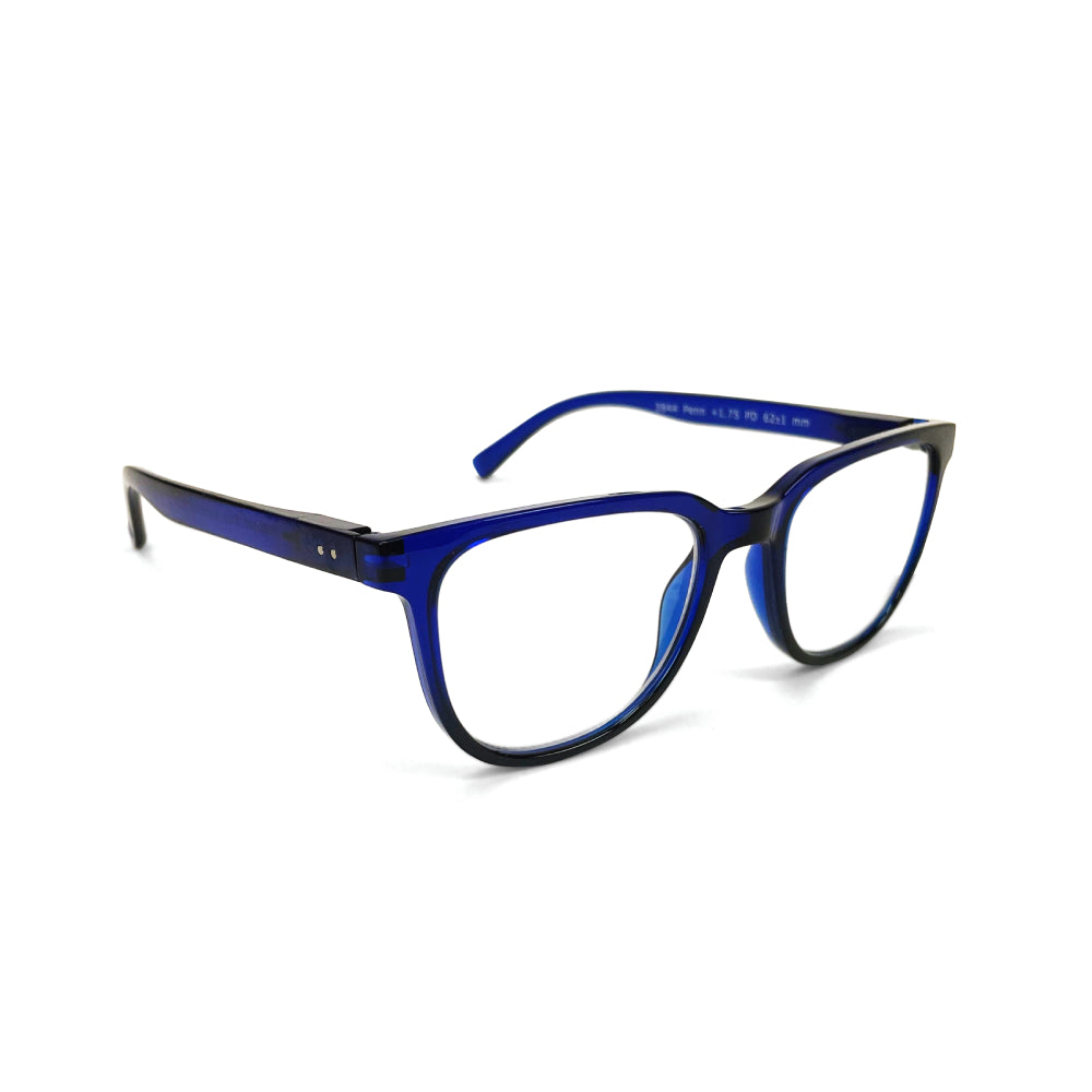 Navy blue reading glasses on a white background