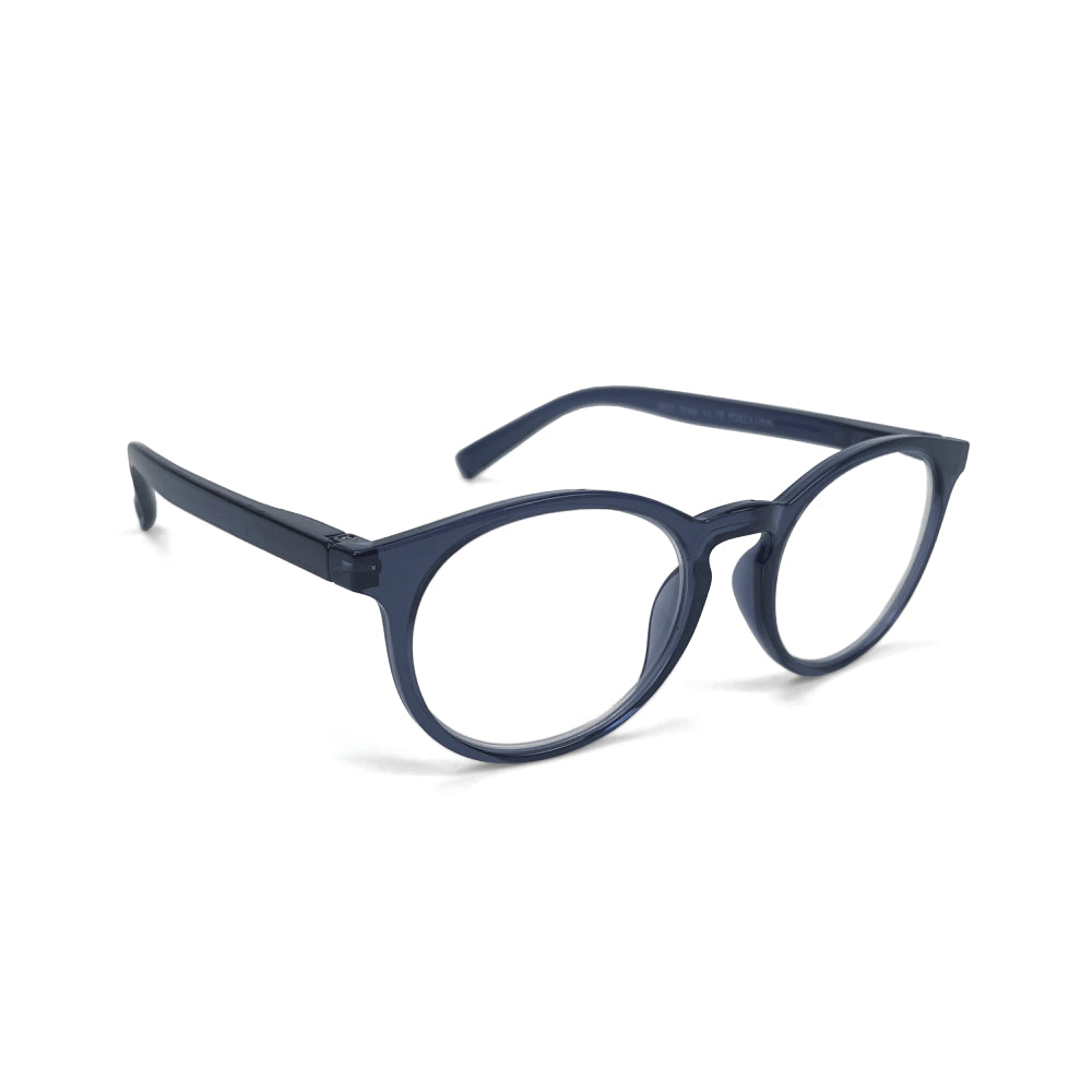 Dark blue/grey reading glasses on a white background