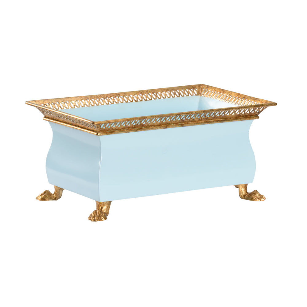 A small blue lacquered iron planter with antique gold gallery and decorative feet.