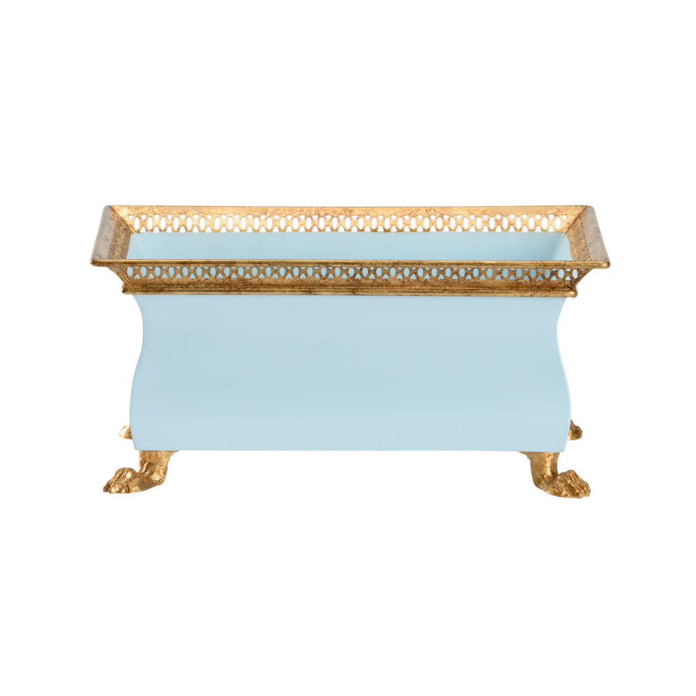 A small blue lacquered iron planter with antique gold gallery and decorative feet.