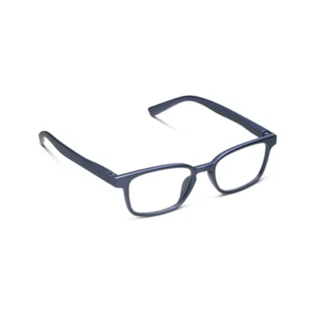A pair of matte dark blue-gray rectangular eyeglasses with clear lenses, shown at an angle on a plain white background.