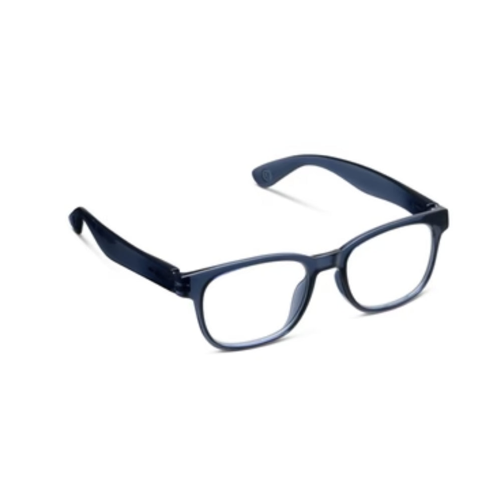 A pair of translucent dark blue acetate eyeglass frames with clear lenses, shown at an angle on a plain white background.
